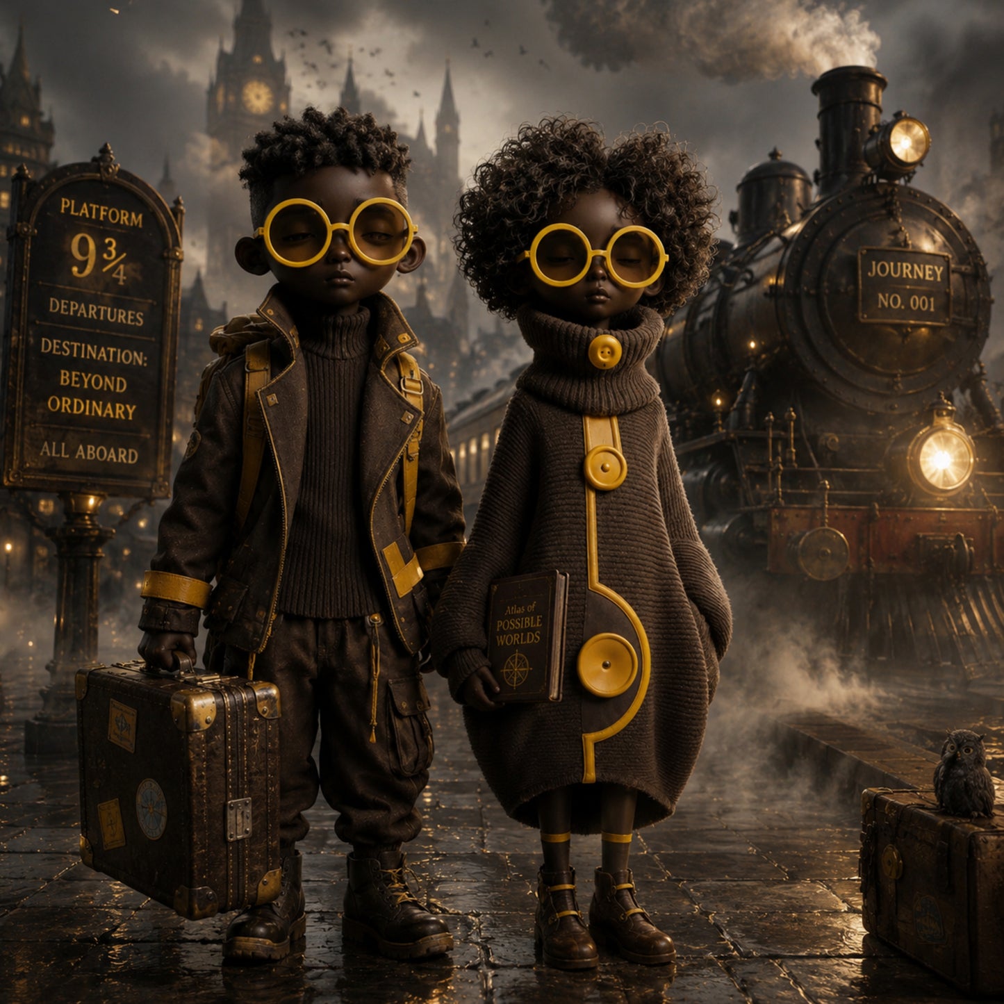 Two eccentric male and female vintage clothing with a steam locomotive and platform sign in the background