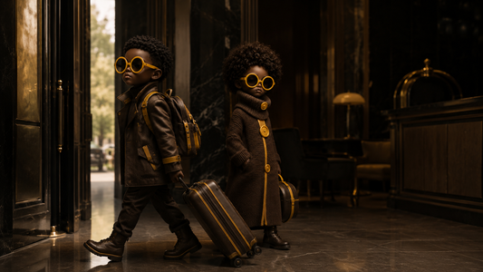 Two stylish Maplings in oversized yellow glasses calmly leaving a dark luxury hotel lobby with luggage, dressed in brown and gold editorial travel outfits, conveying quiet power and a clean strategic exit.