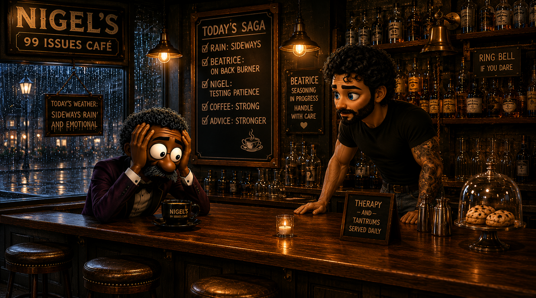 A cozy café-bar on a rainy night where Nigel, a handsome CHIB-style British bartender, leans over the bar listening to a stressed customer with his head in his hands, creating a warm, humorous neighborhood therapy vibe.